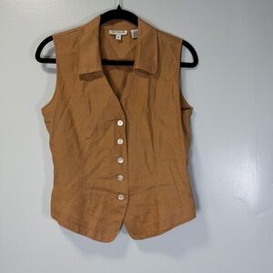 Ann Taylor Tan Linen Sleeveless Button-Down Vest Shirt Sz 6